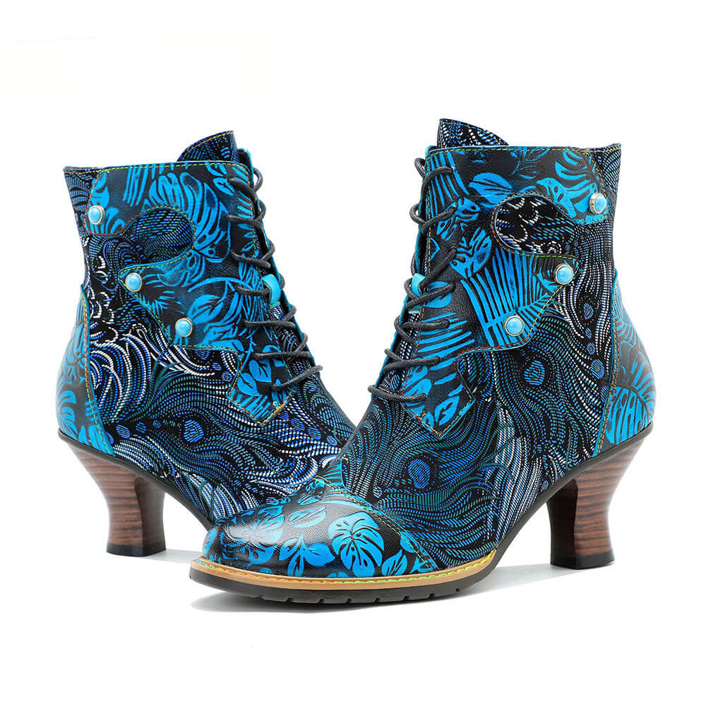 Blue Embossed Leather And Warm Brocade Comfy Ankle Boots