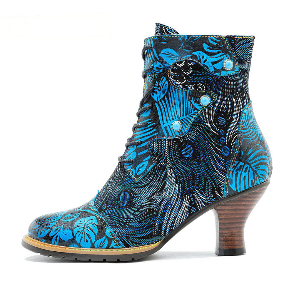 Blue Embossed Leather And Warm Brocade Comfy Ankle Boots