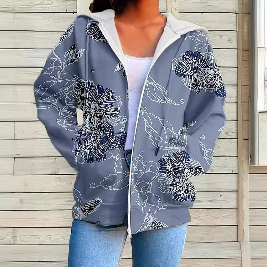 Womens Fashionable Casual Printed Zip-Up Hoodie