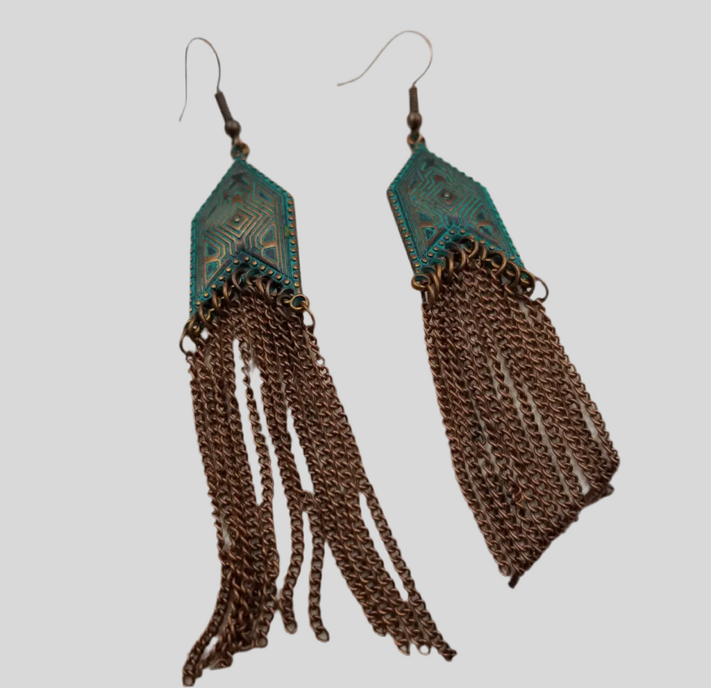 Boho Patina Geometric Fringe Earrings