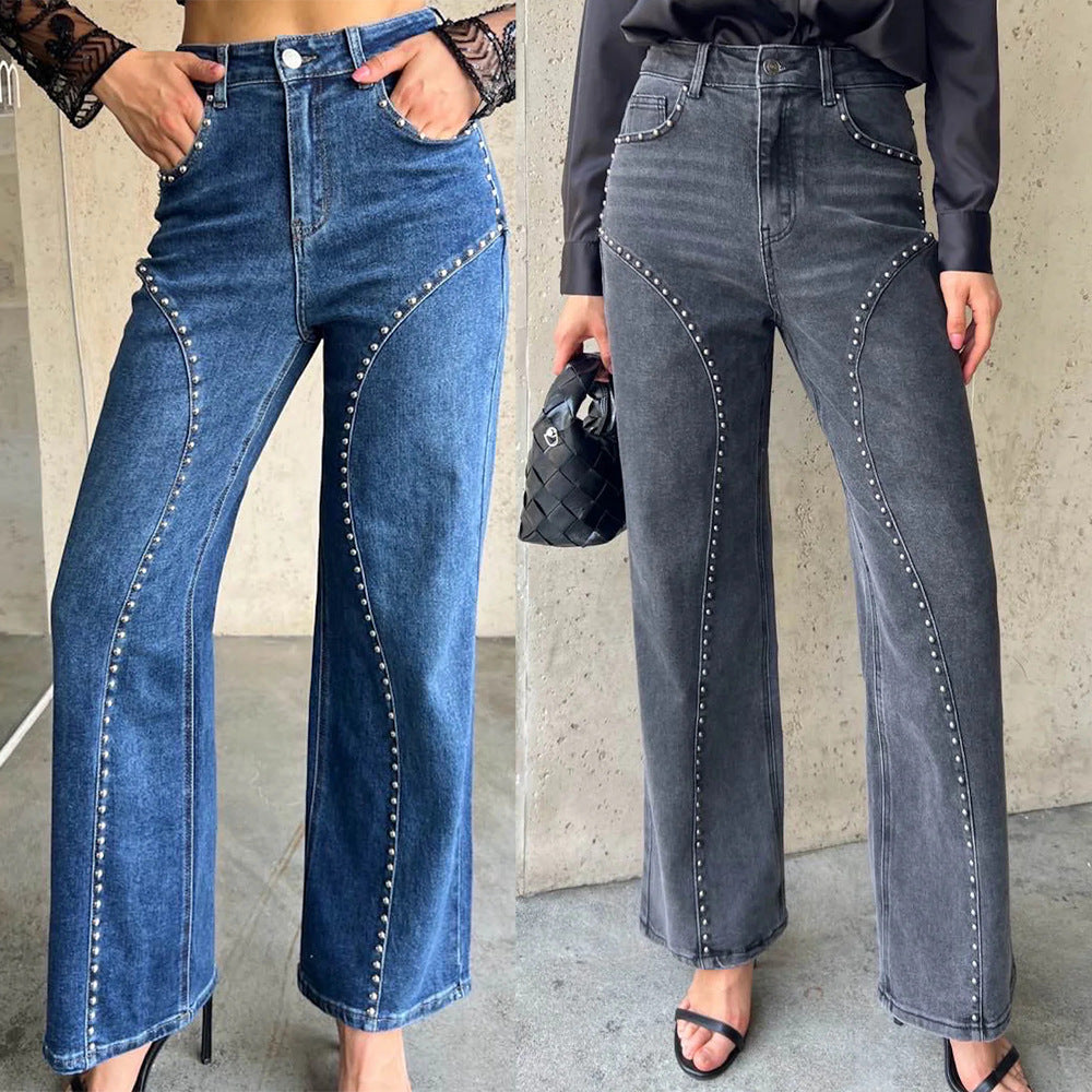 Fashionable Beaded Trendy Street-style Casual Versatile Straight-leg Denim Jeans