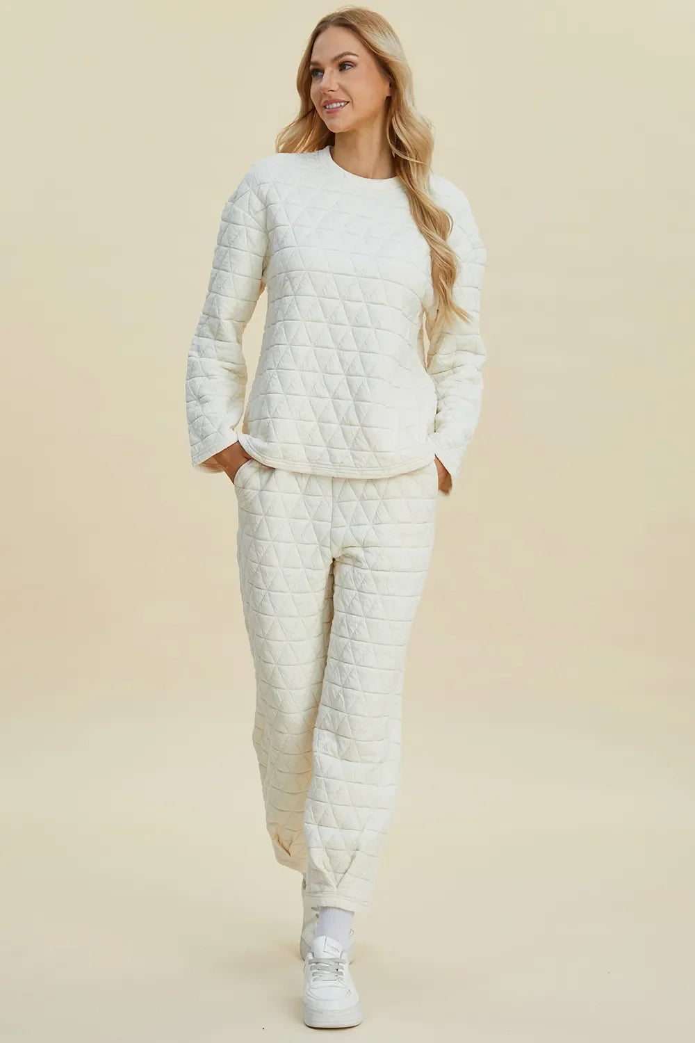 I am a Fashion junky Full Size Texture Round Neck Long Sleeve Top and Pants Set