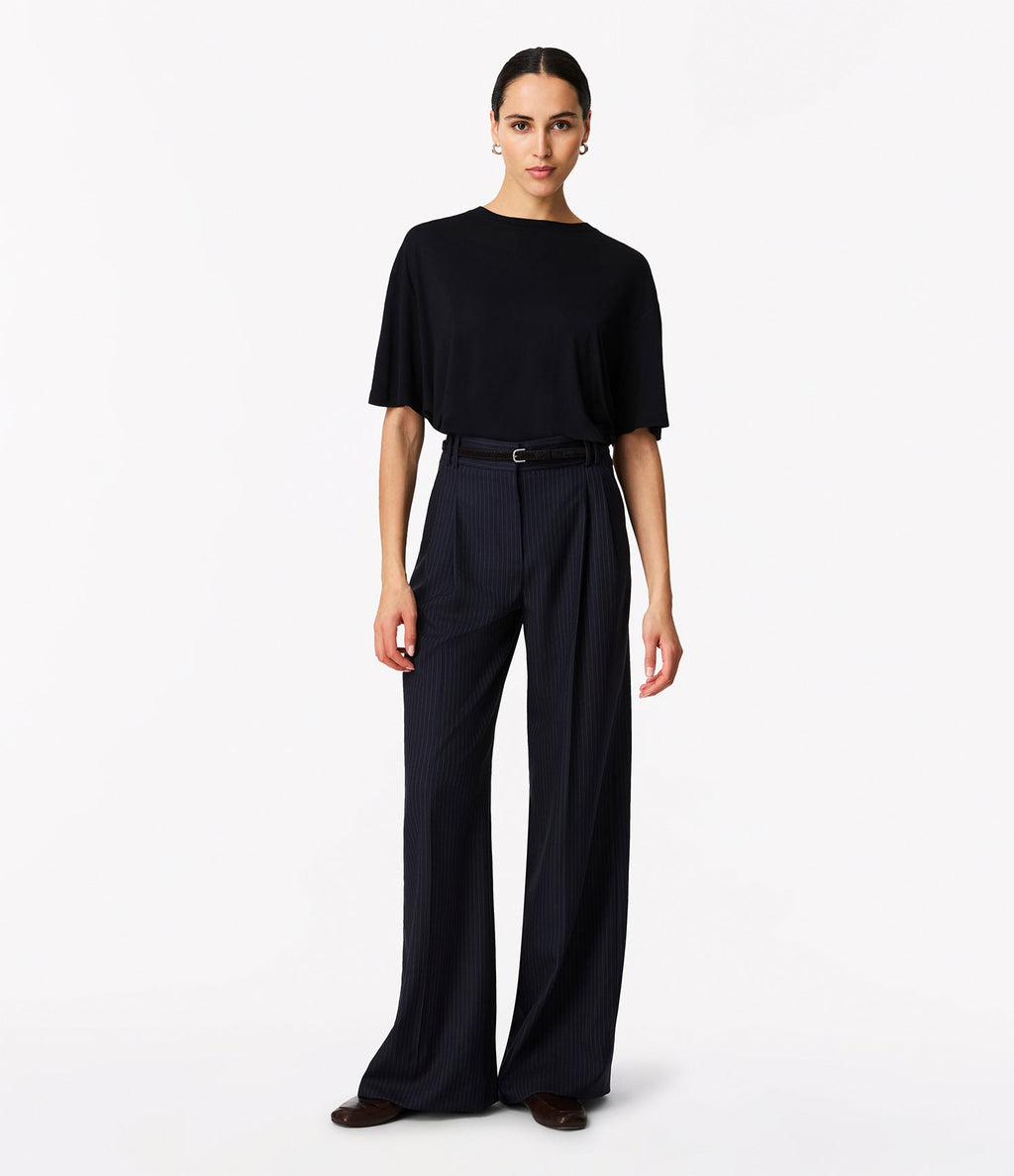 Pinstripe Pleated Trouser | Navy/Chalk
