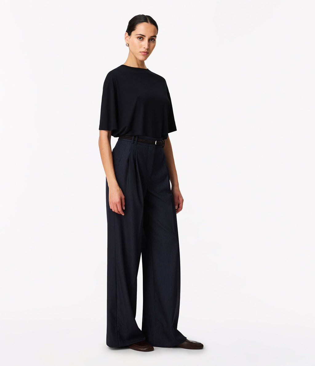 Pinstripe Pleated Trouser | Navy/Chalk