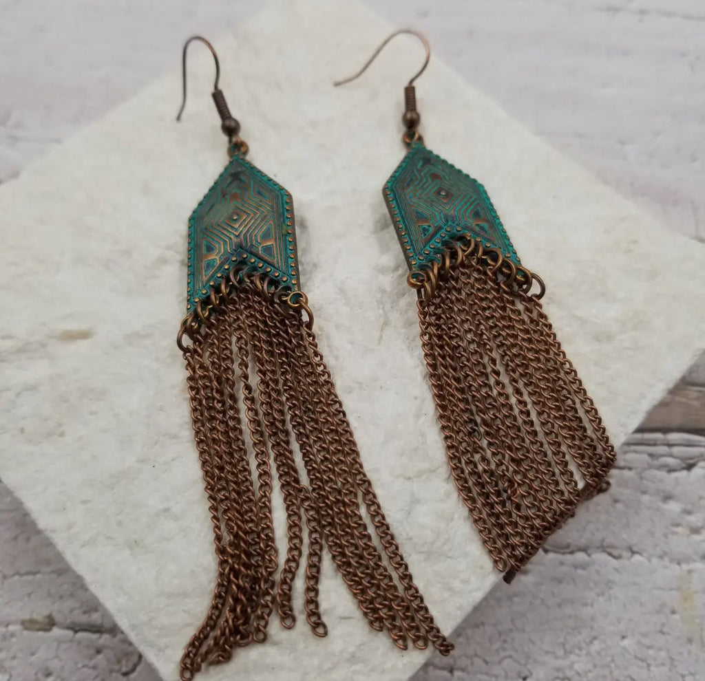 Boho Patina Geometric Fringe Earrings