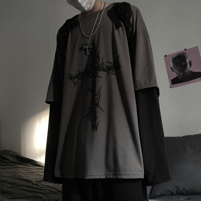 Gothic Style Tshirt Punk Long Sleeve Oversized T-shirt Fake Two-piece Street Fashion Style