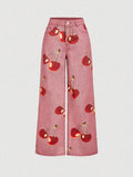 Sweet Girl Style Cherry Print Wide Leg Jeans High Waist Slimming Straight Pants, Casual Fashion Denim Trousers for Women