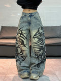 American-Style Vintage Washed Distressed Totem Print Loose Jeans, Street Fashion Trendy Versatile High-Waist Wide-Leg Pants For Women