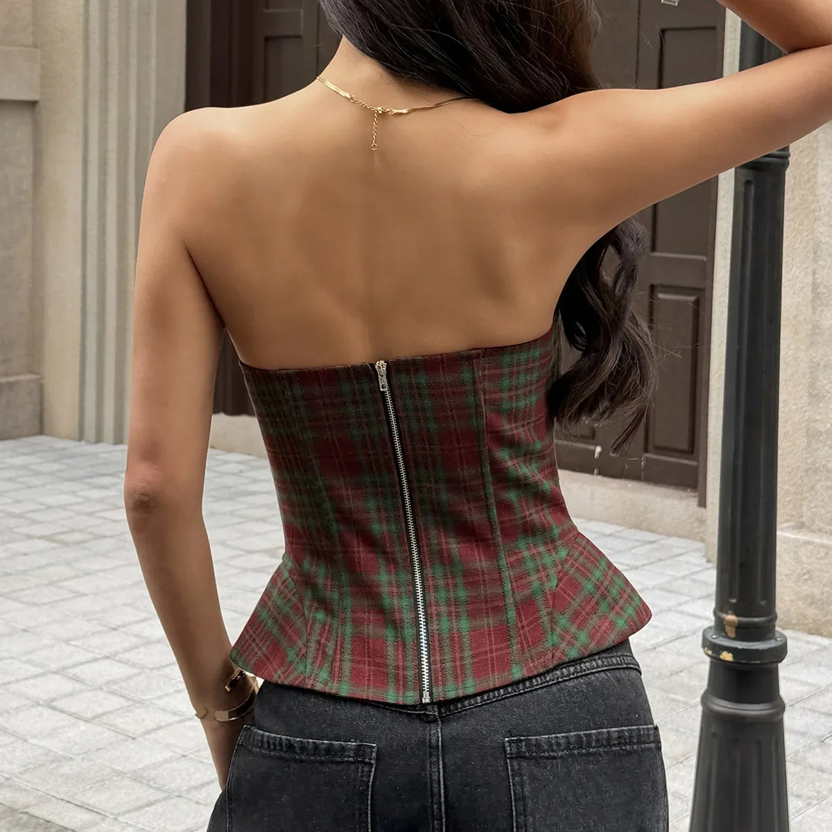 Retro Lace up Corset Crop Top Women Fashion Strapless Tank Top American Style Zippers Camisole Summer Vintage Plaid Print Vest