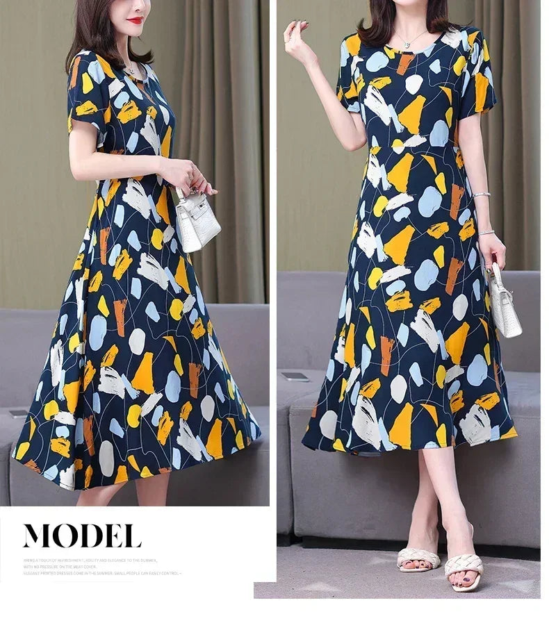 New Fashion Casual 2024 Summer Elegant Dresses For Women O-Neck Print Vintage Short Sleeve Dress Loose Women Clothing