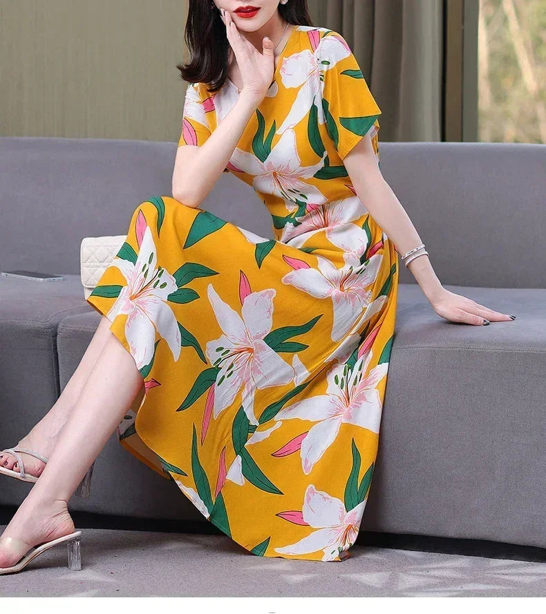 New Fashion Casual 2024 Summer Elegant Dresses For Women O-Neck Print Vintage Short Sleeve Dress Loose Women Clothing