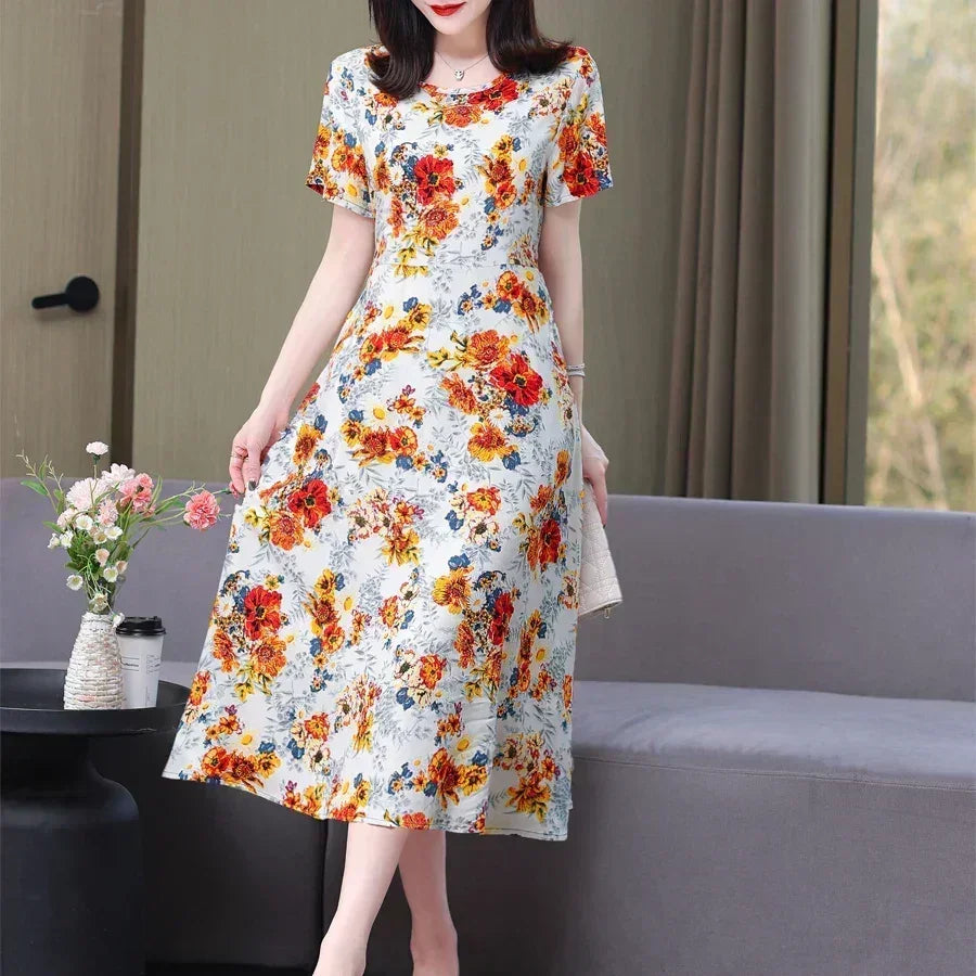 New Fashion Casual 2024 Summer Elegant Dresses For Women O-Neck Print Vintage Short Sleeve Dress Loose Women Clothing