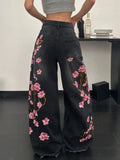 Women's European And American Style Floral Embroidered Black Loose Wide-Leg Jeans, Street Trend, Fashionable And Versatile, Soft And Comfortable High-Waisted Straight Trousers