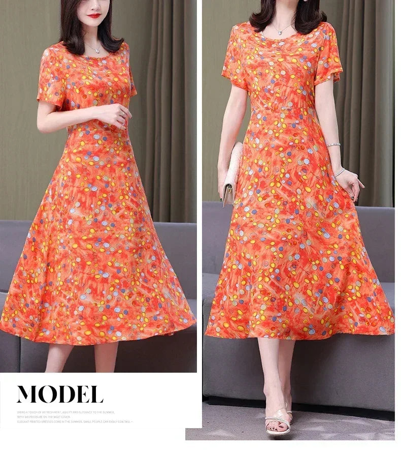 New Fashion Casual 2024 Summer Elegant Dresses For Women O-Neck Print Vintage Short Sleeve Dress Loose Women Clothing