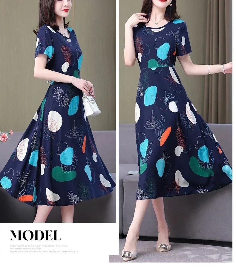 New Fashion Casual 2024 Summer Elegant Dresses For Women O-Neck Print Vintage Short Sleeve Dress Loose Women Clothing