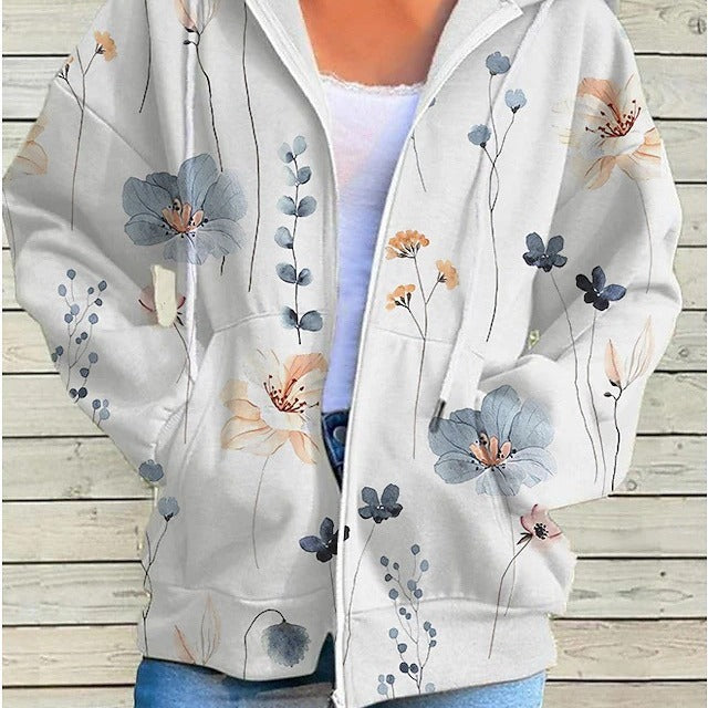 Womens Fashionable Casual Printed Zip-Up Hoodie